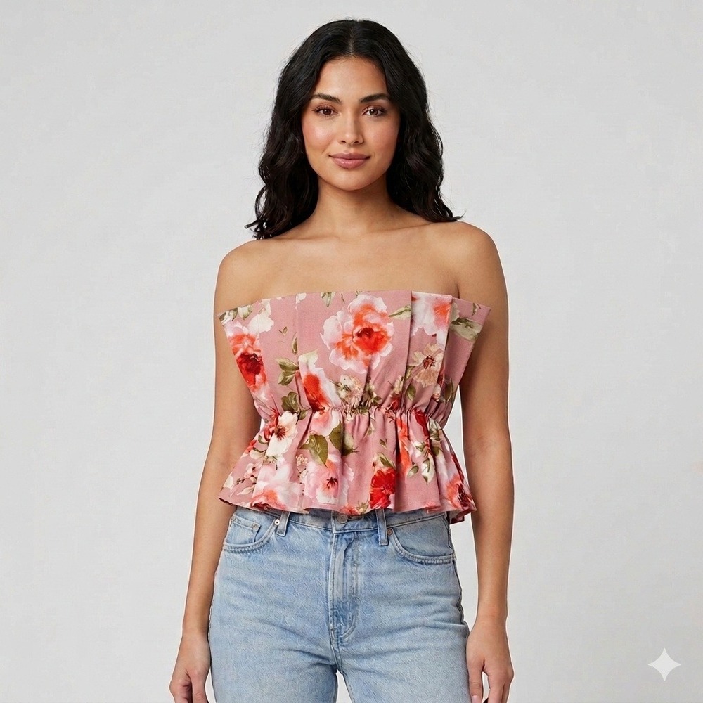 NWT Vestique Top Women Medium Floral Linen Smocked Boho Cottagecore Coquette